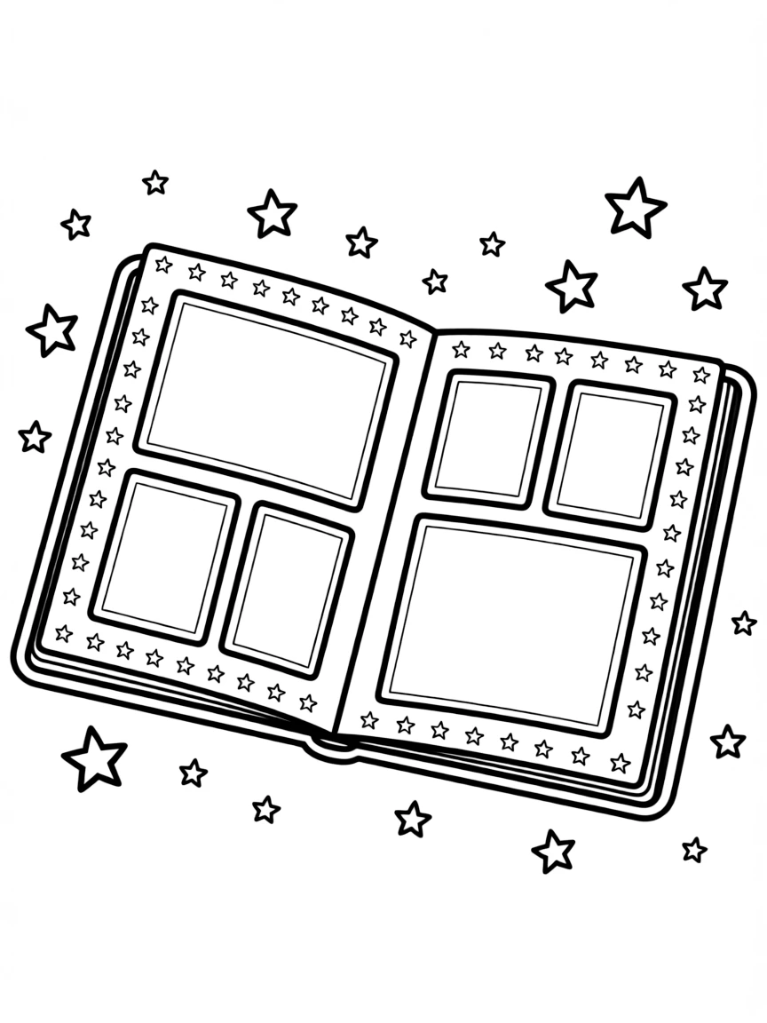 "My happy memory" coloring page. A blank photo album or frame, with spaces to draw or write about a cherished memory. Include stars. Black and white line art.