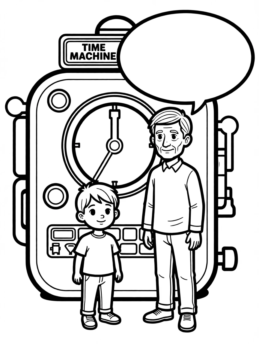 "If I could talk to my future self..." coloring page. An older version of a child, with a blank speech bubble to write a message. Include a time machine. Black and white line art.