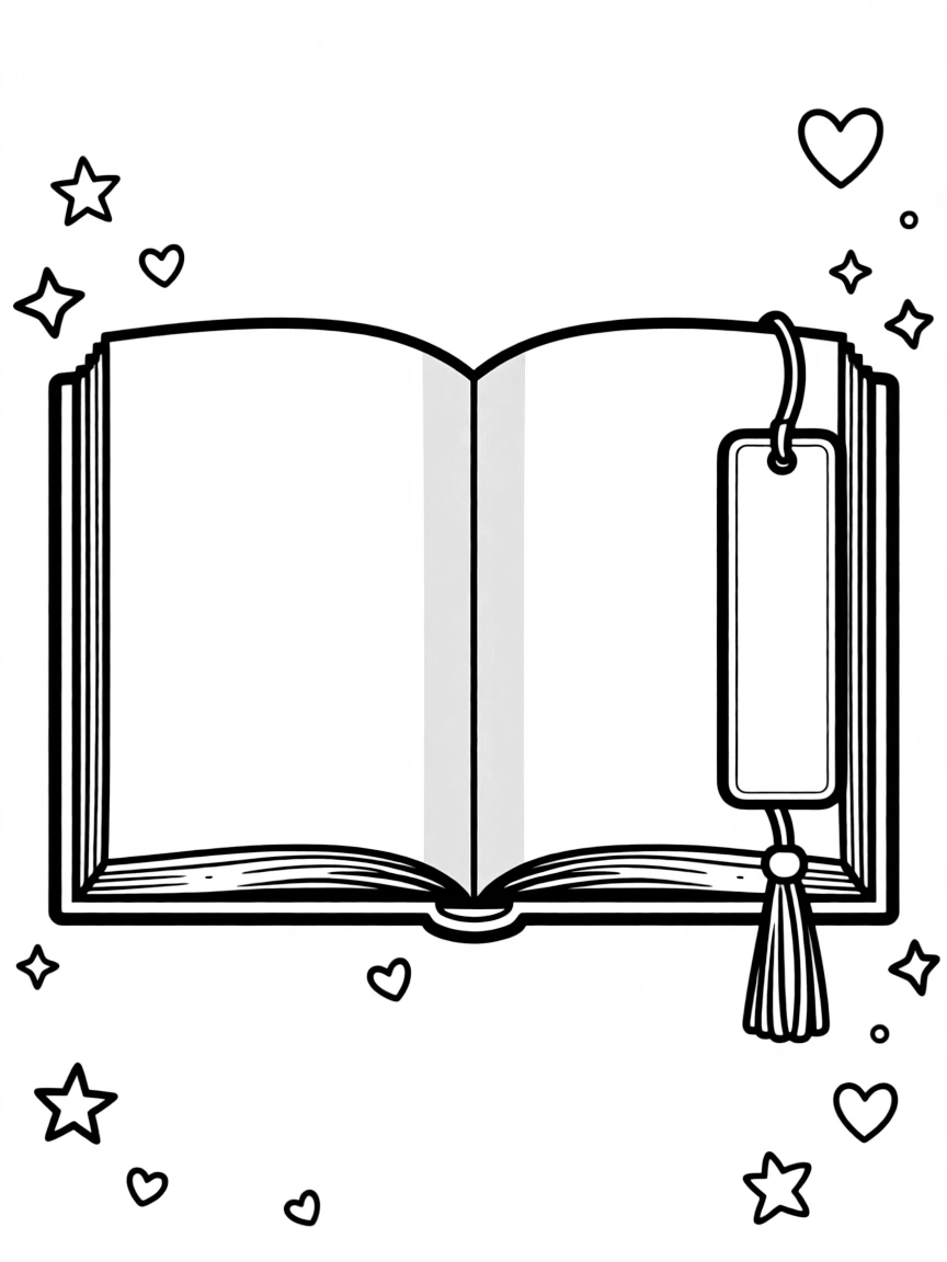 "My favorite book" coloring page. An open book with blank pages, and spaces to draw a scene or write about a favorite book. Include a bookmark. Black and white line art.