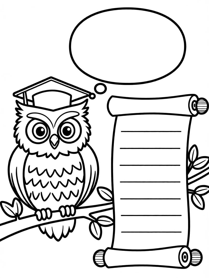 "The best advice I ever got" coloring page. A wise owl or scroll, with blank lines to write down advice. Include a thought bubble. Black and white line art.
