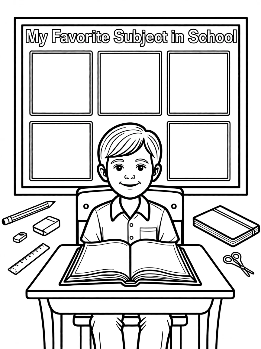 "My favorite subject in school" coloring page. A blackboard or textbook, with blank spaces to draw or write about a favorite subject. Include school supplies. Black and white line art.