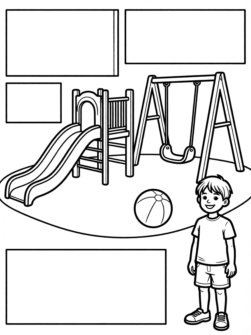 "My favorite way to play" coloring page. A playground scene with blank equipment, and spaces to draw or write about favorite games. Include a ball. Black and white line art.