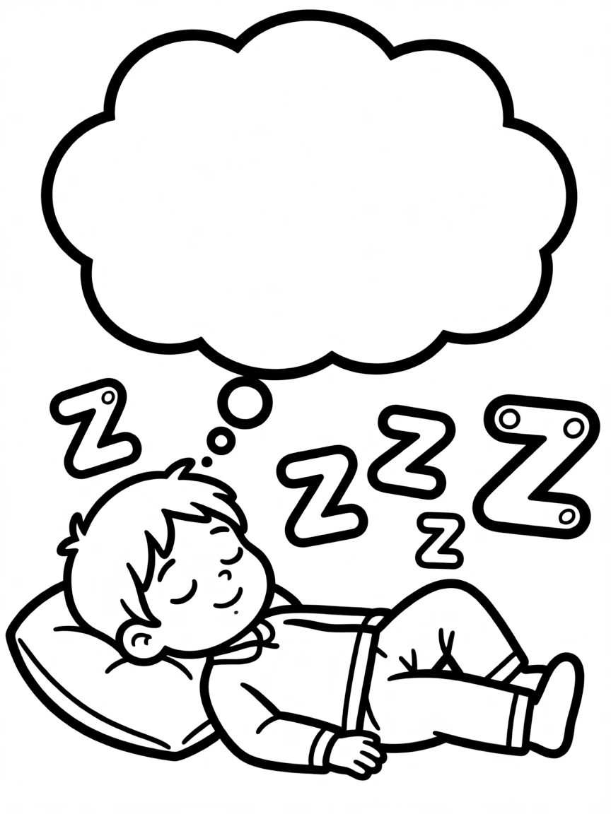 "My silliest dream" coloring page. A sleeping child with a blank thought bubble, and spaces to draw or write a funny dream. Include Z's. Black and white line art.