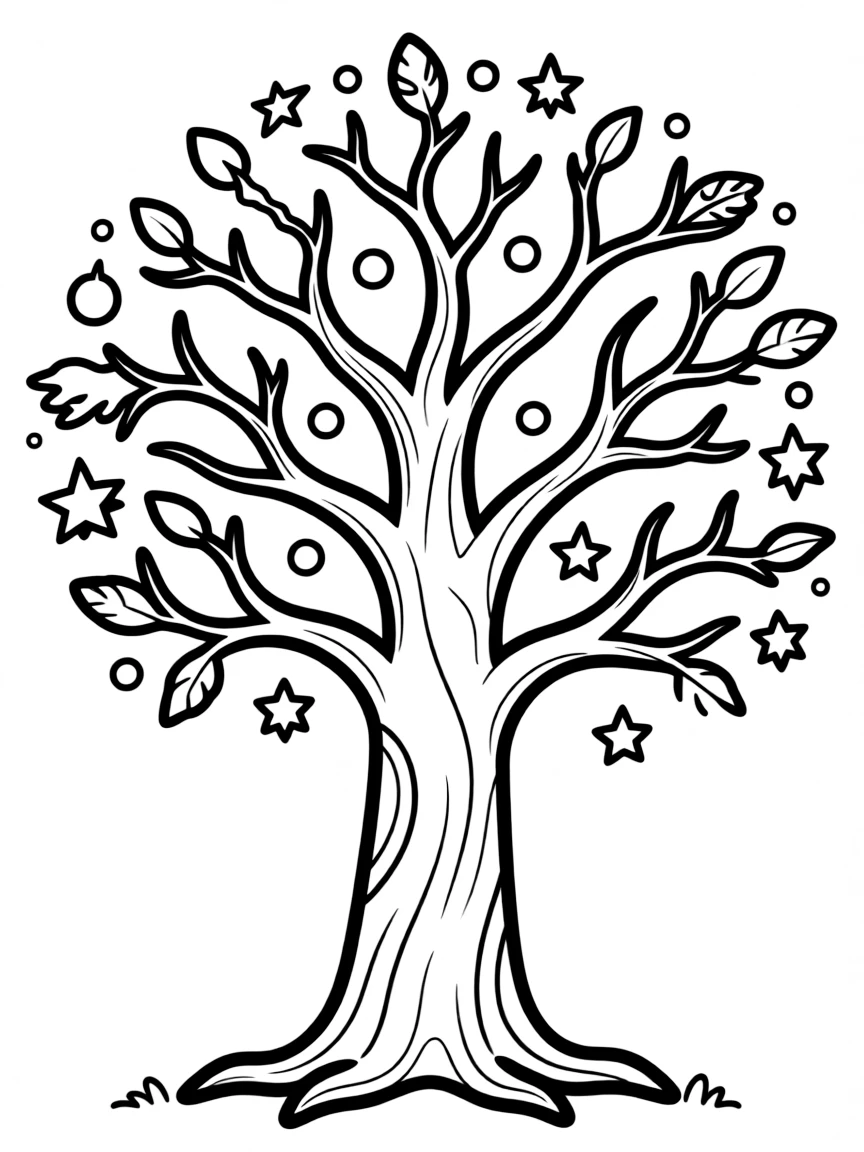 "My magical tree" coloring page. A blank tree with branches, and spaces to draw magical fruits, leaves, or creatures. Include glowing elements. Black and white line art.