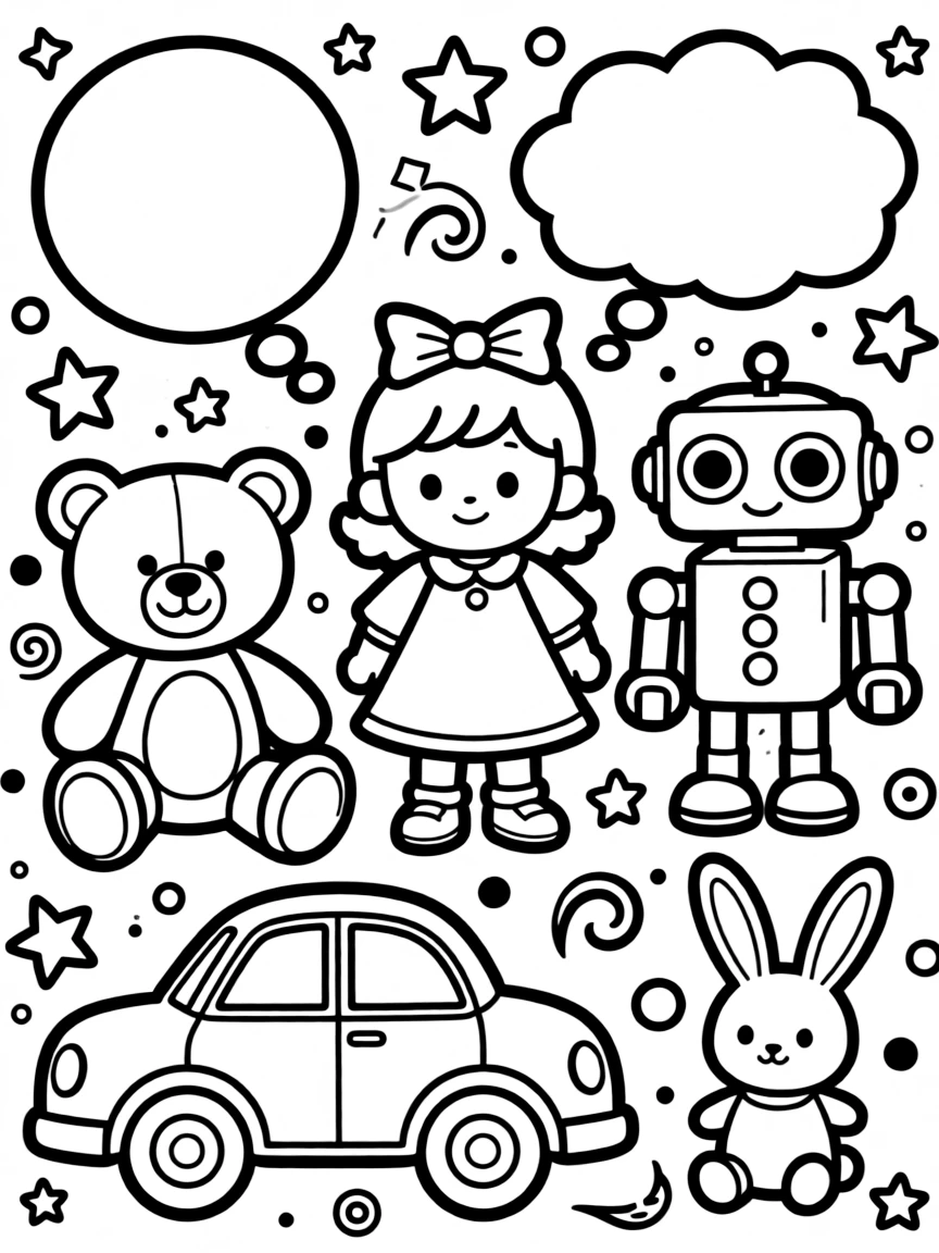 "The secret life of toys" coloring page. Outlines of toys (e.g., teddy bear, doll) with blank speech bubbles or thought bubbles. Include playful patterns. Black and white line art.