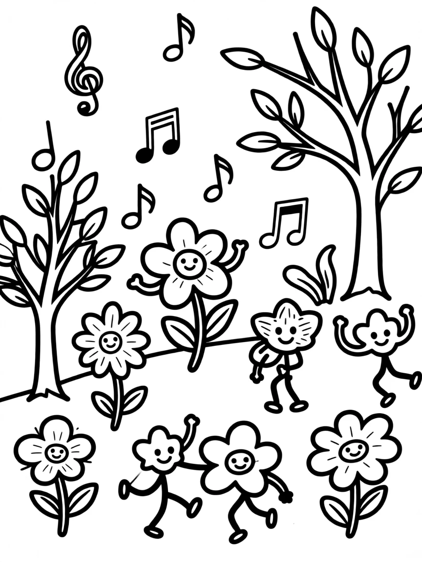 "If plants could dance" coloring page. Outlines of dancing flowers or trees, with blank spaces to imagine their movements. Include musical notes. Black and white line art.