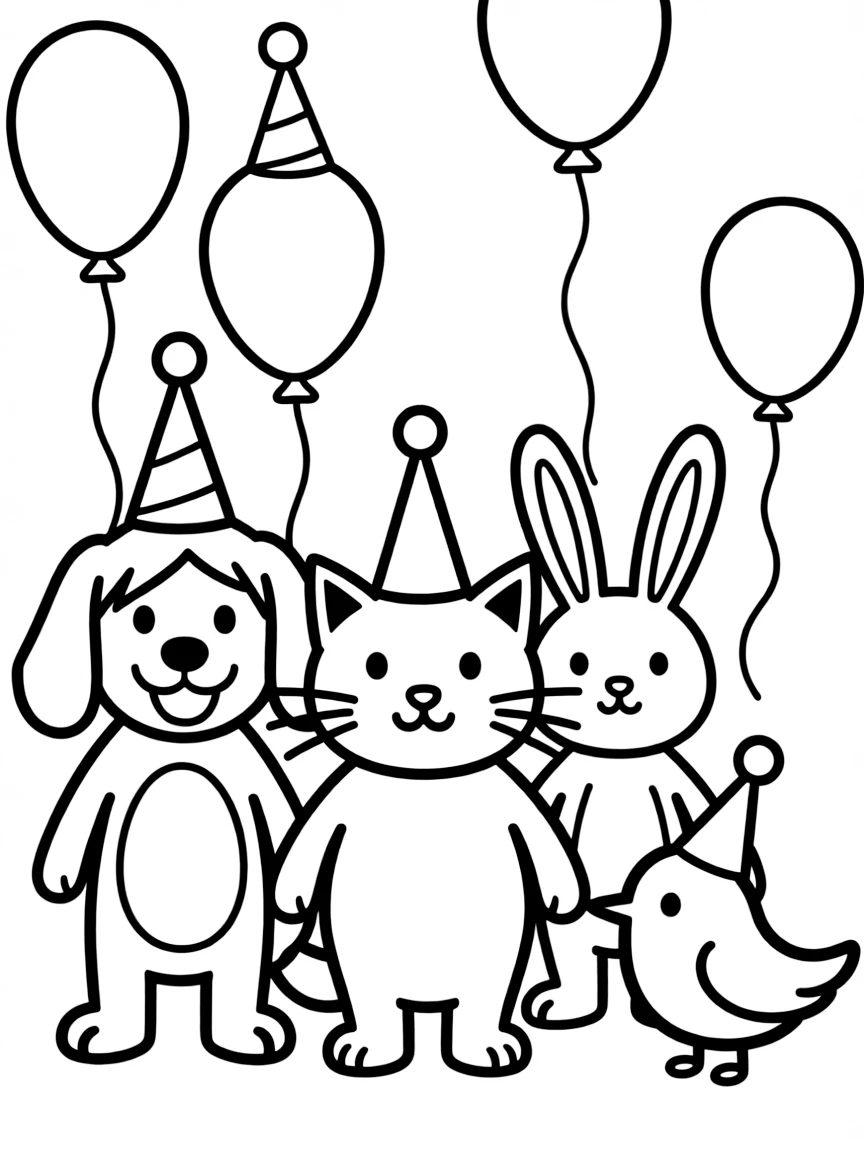 "The day the animals had a party" coloring page. Outlines of animals wearing party hats, with blank spaces to draw party details. Include balloons. Black and white line art.