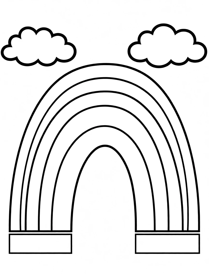 "My personal rainbow" coloring page. A large blank rainbow arch, with spaces to fill each band with a color and what it represents. Include clouds. Black and white line art.