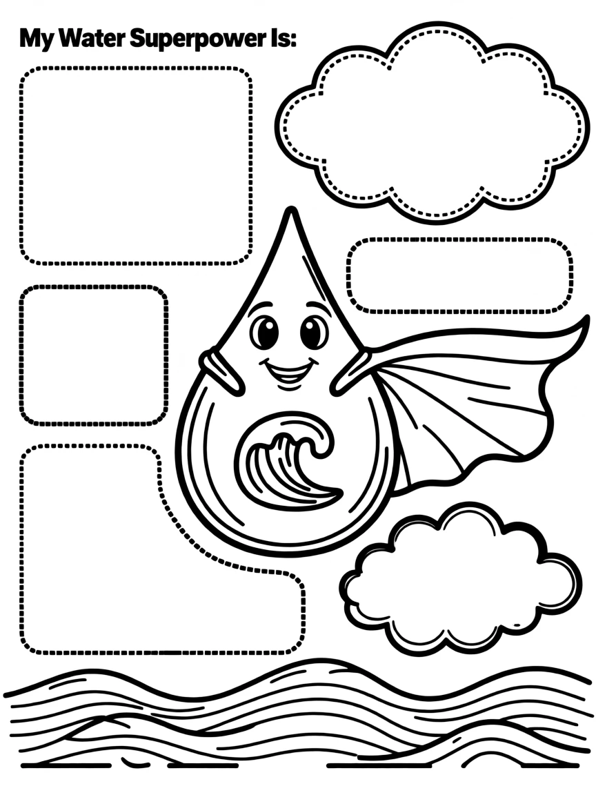 "If water had a superpower" coloring page. A water droplet with a cape or symbol, and blank spaces to describe its power. Include waves. Black and white line art.