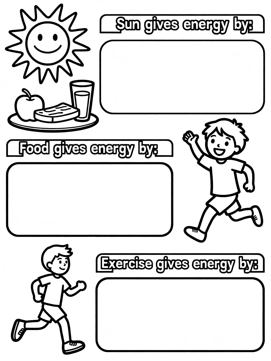 "How do we get energy?" coloring page. Outlines of sun, food, exercise, with blank spaces to describe how they give energy. Include an energetic figure. Black and white line art.