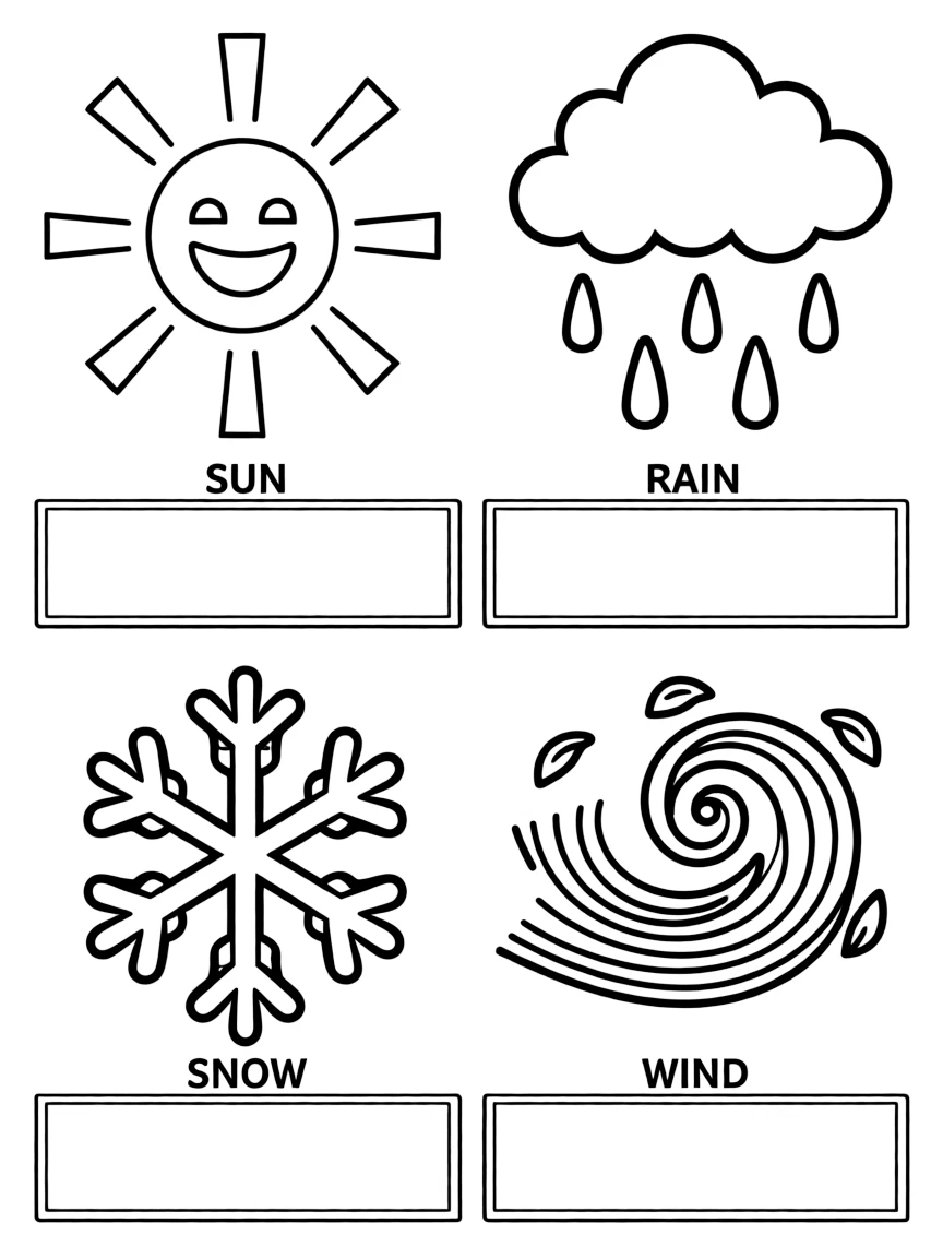 "Different types of weather" coloring page. Outlines of sun, rain, snow, wind, with blank spaces to draw or write about each. Include weather symbols. Black and white line art.