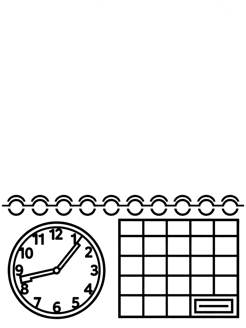 "My personal timeline" coloring page. A blank timeline with space to draw or write about important life events. Include a clock or calendar. Black and white line art.