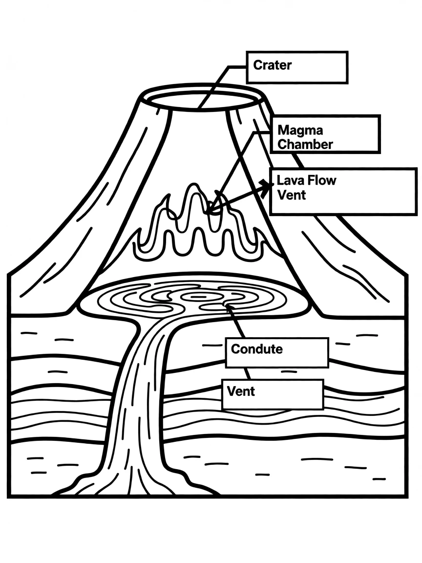 "Inside a volcano" coloring page. A cross-section of a volcano outline with blank labels for magma, crater, etc. Include lava flow. Black and white line art.