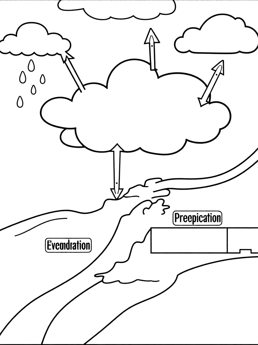 "The water cycle" coloring page. Outlines of clouds, rain, river, ocean, with blank labels for evaporation, condensation, precipitation. Include arrows. Black and white line art.