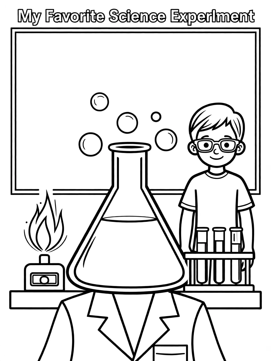 "My favorite science experiment" coloring page. A blank beaker or lab setup, with spaces to draw and write about a favorite experiment. Include bubbles. Black and white line art.