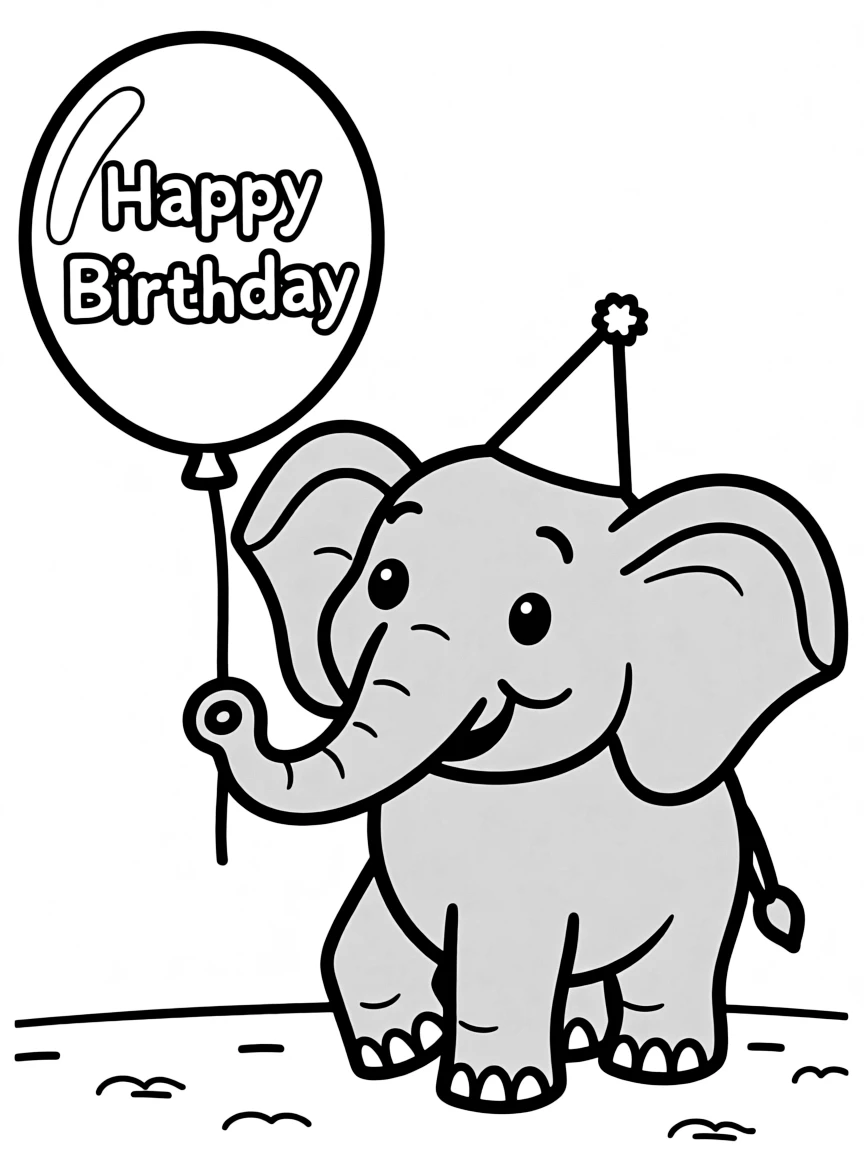 A joyful **elephant** holding a balloon with "Happy Birthday" written on it.