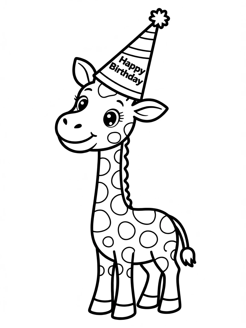 A happy **giraffe** wearing a party hat with "Happy Birthday" on the brim.