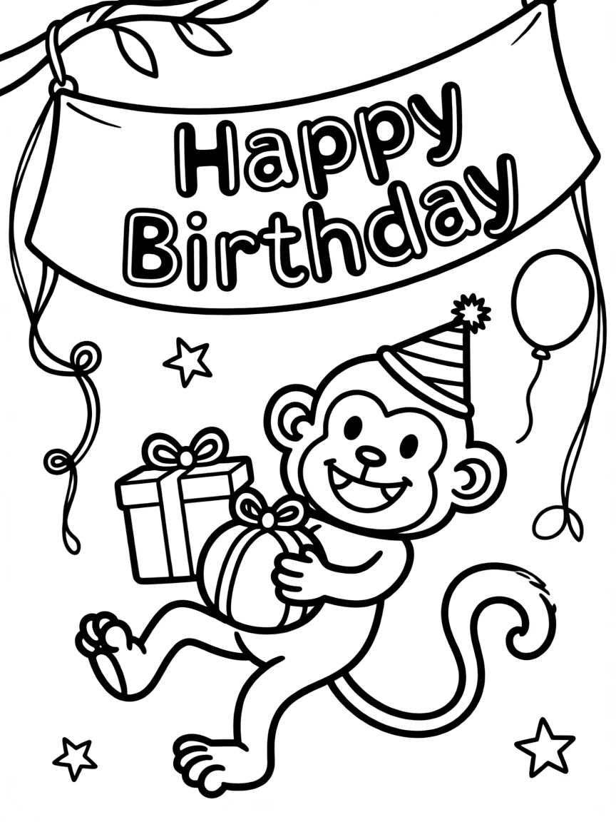 A silly **monkey** swinging with presents and a "Happy Birthday" banner.