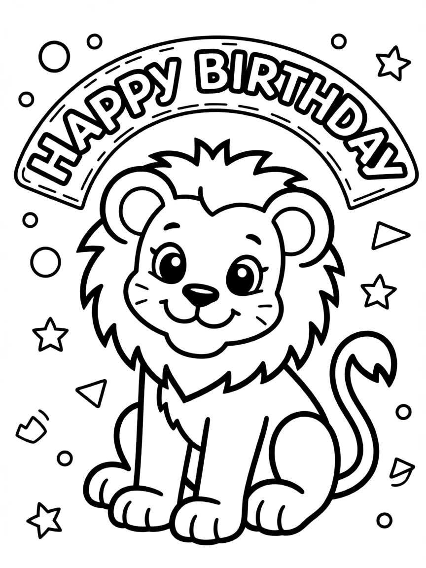 A friendly **lion cub** surrounded by confetti and a "Happy Birthday" sign.