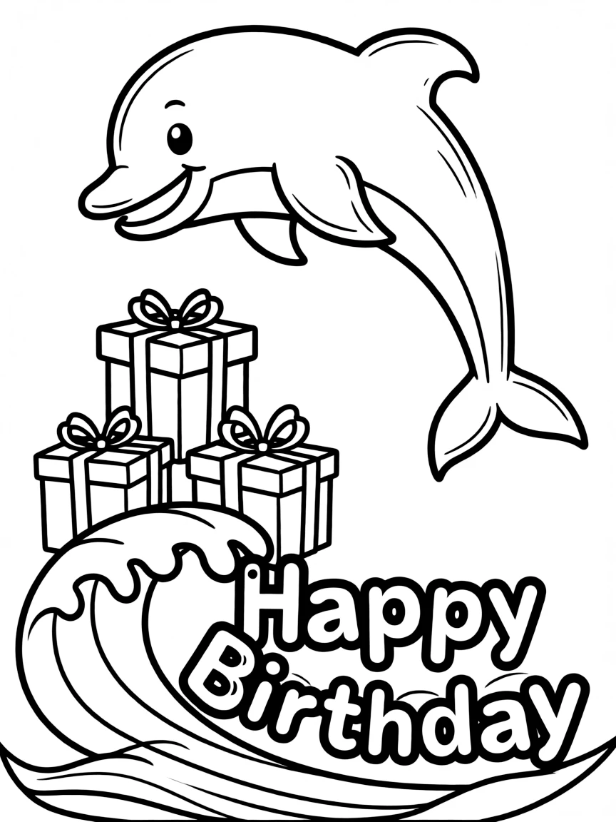 A playful **dolphin** jumping over birthday gifts and a "Happy Birthday" wave.