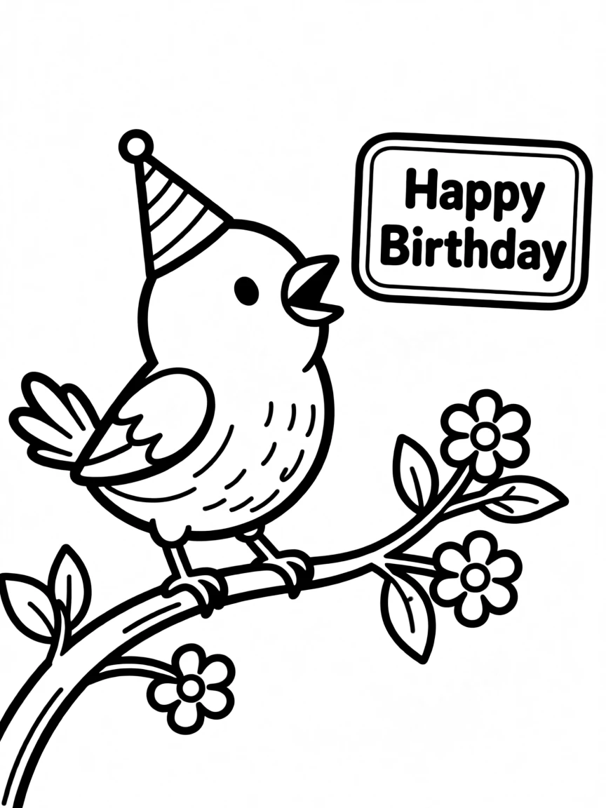 A little **bird** singing a birthday song with a "Happy Birthday" note.