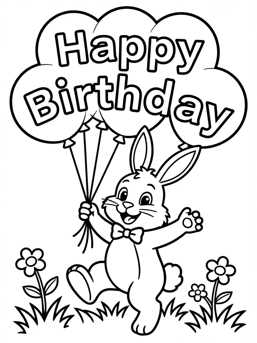 A cheerful **bunny** hopping with balloons that say "Happy Birthday".