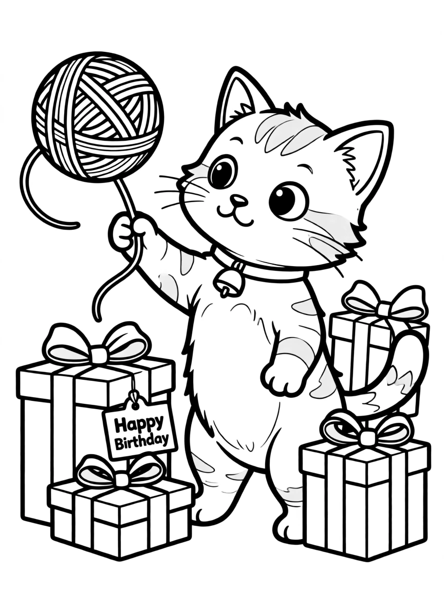 A sweet **kitten** playing with a ball of yarn and presents with a "Happy Birthday" tag.