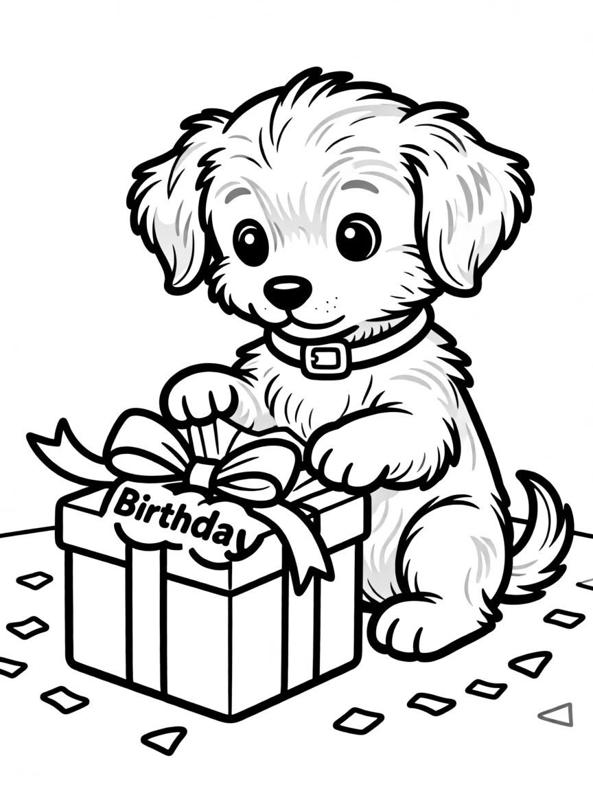 A curious **puppy** unwrapping a gift with a "Happy Birthday" bow.
