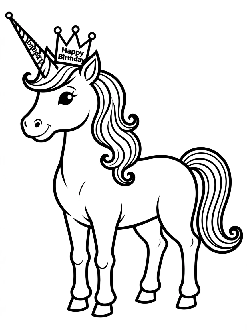 A majestic **unicorn** with a birthday crown and a "Happy Birthday" horn.