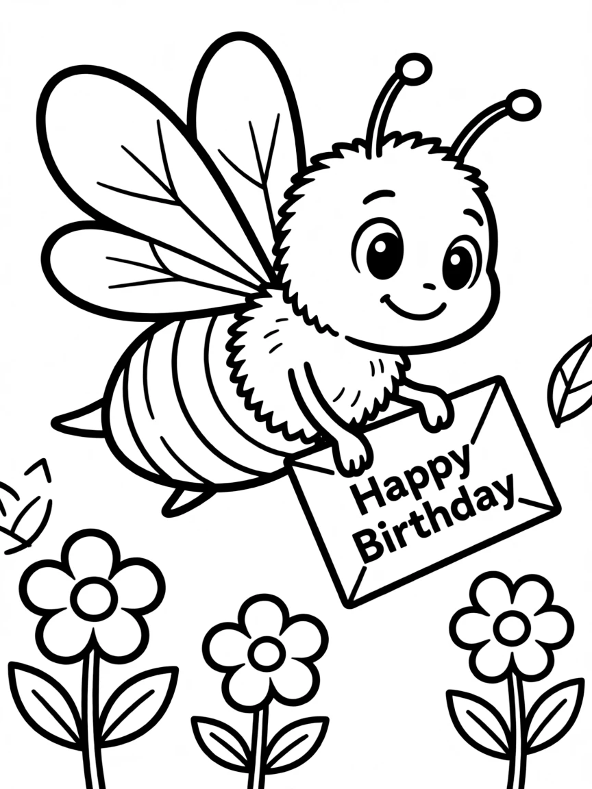 A busy **bee** delivering a birthday message that says "Happy Birthday".