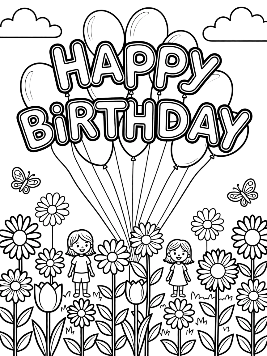 A garden full of **flowers** and floating balloons that spell out "Happy Birthday".