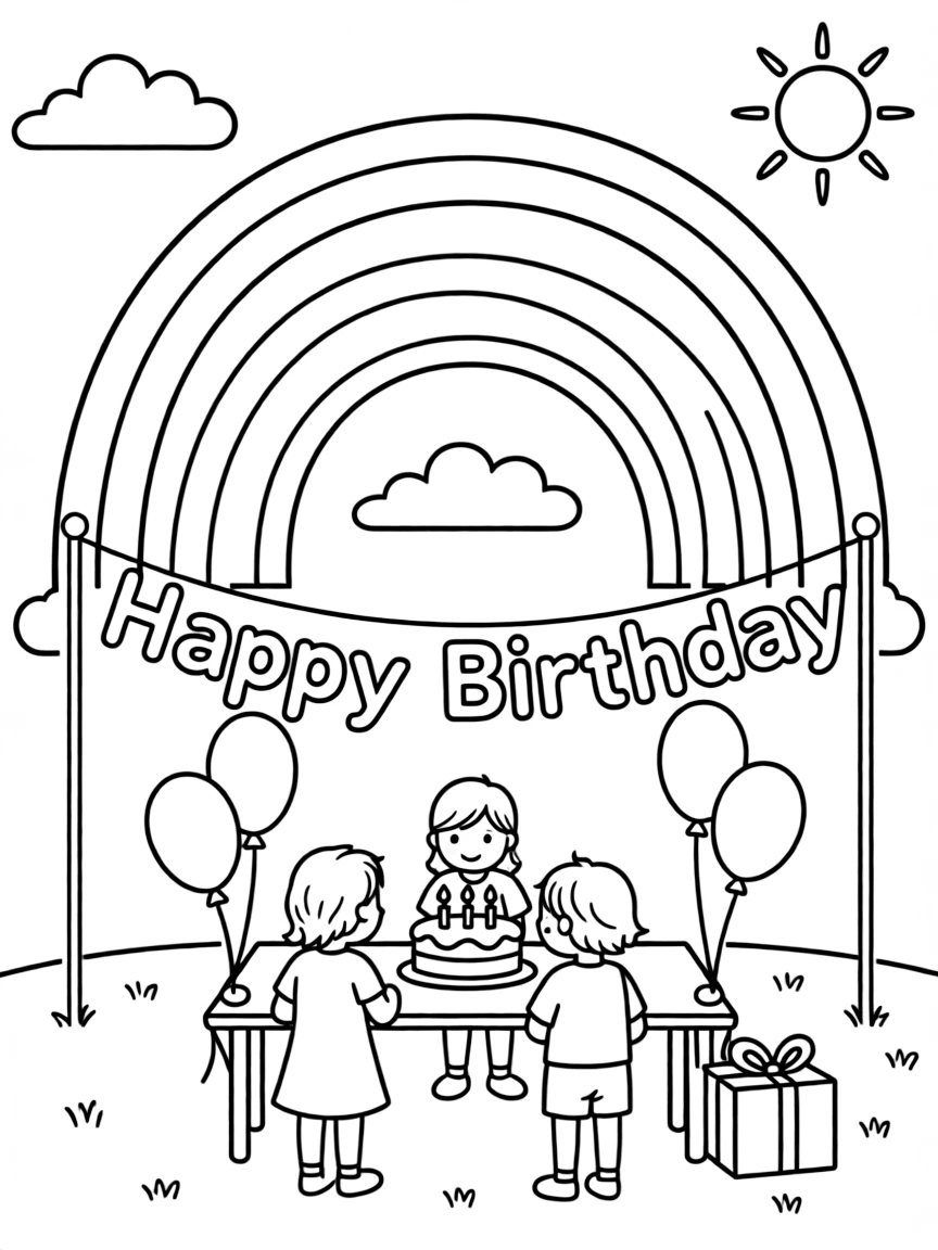 A **rainbow** arching over a birthday party scene with "Happy Birthday" colors.