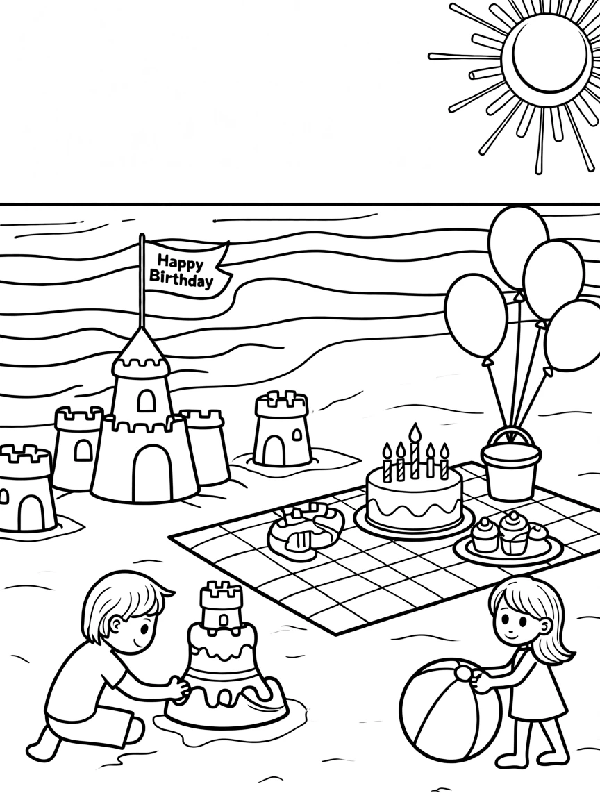 A sunny **beach** with sandcastles and birthday treats with a "Happy Birthday" flag.