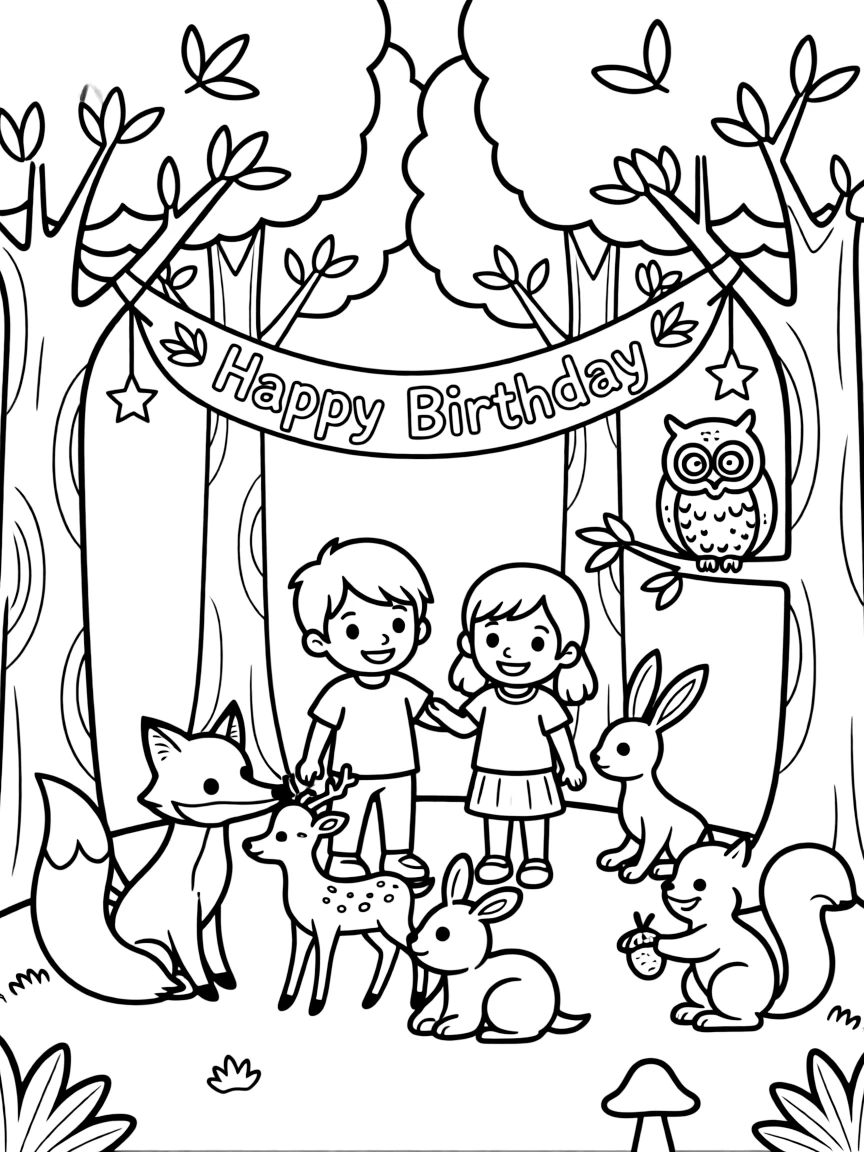 A cozy **forest** with woodland creatures celebrating and a "Happy Birthday" banner.