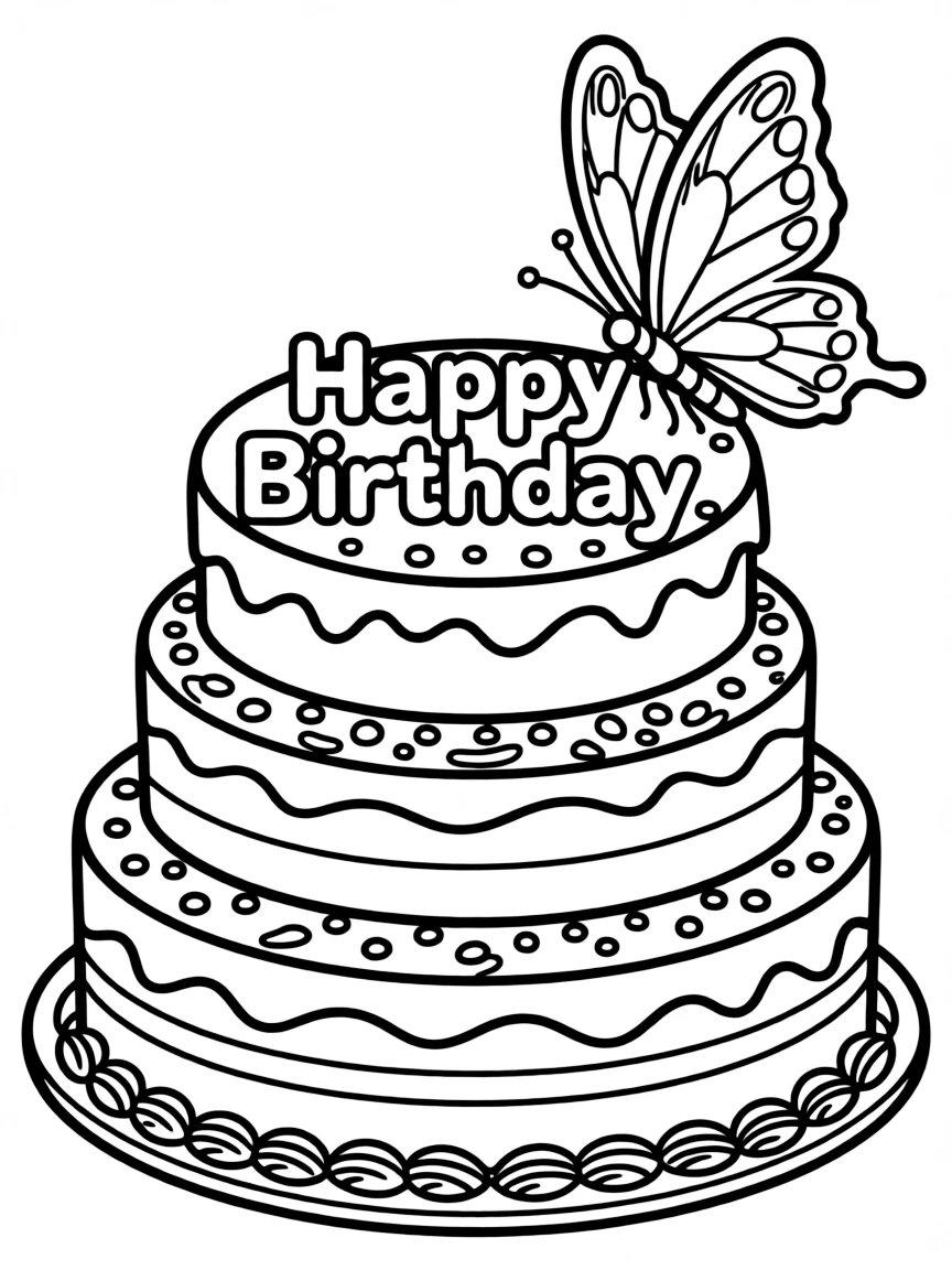 A vibrant **butterfly** landing on a birthday cake that says "Happy Birthday".