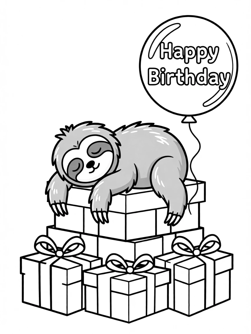 A sleepy **sloth** napping on a stack of presents with a "Happy Birthday" balloon.