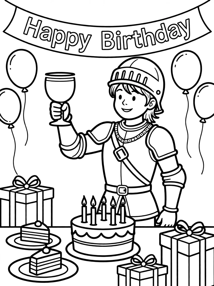 A brave **knight** celebrating with a birthday feast and a "Happy Birthday" toast.
