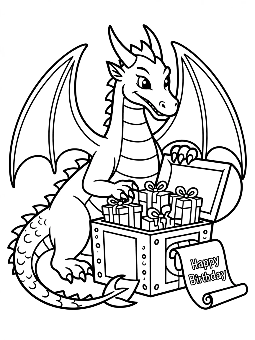 A powerful **dragon** guarding a treasure chest of gifts and a "Happy Birthday" scroll.