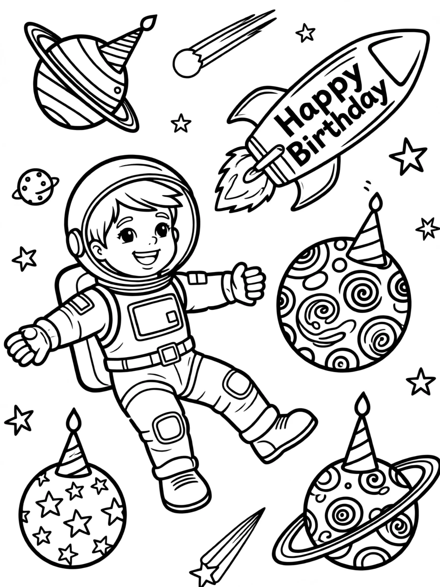 A courageous **astronaut** floating with birthday planets and a "Happy Birthday" rocket.
