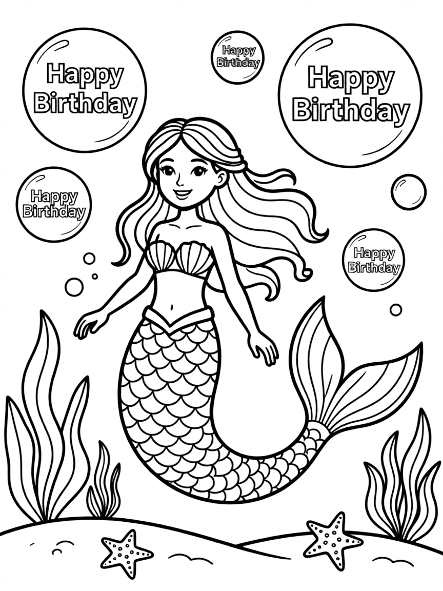 A graceful **mermaid** swimming with birthday bubbles that say "Happy Birthday".