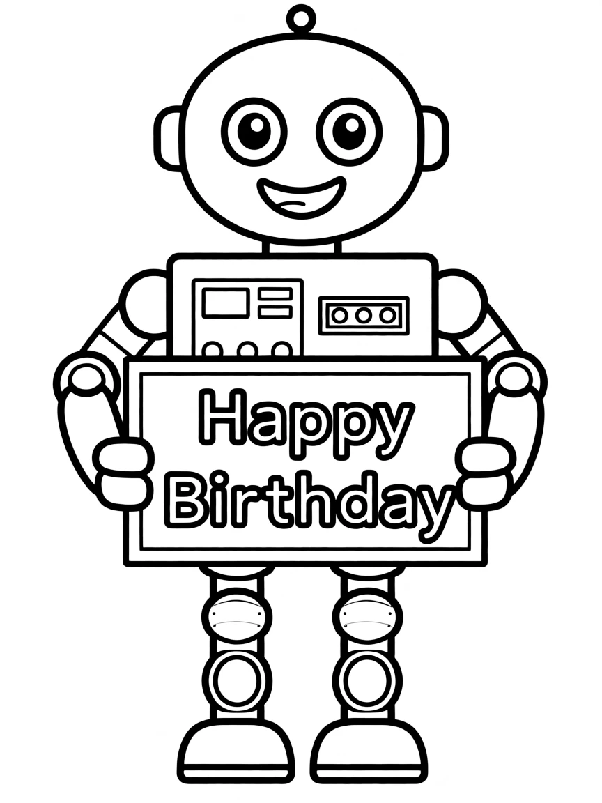 A friendly **robot** holding a birthday sign that reads "Happy Birthday".