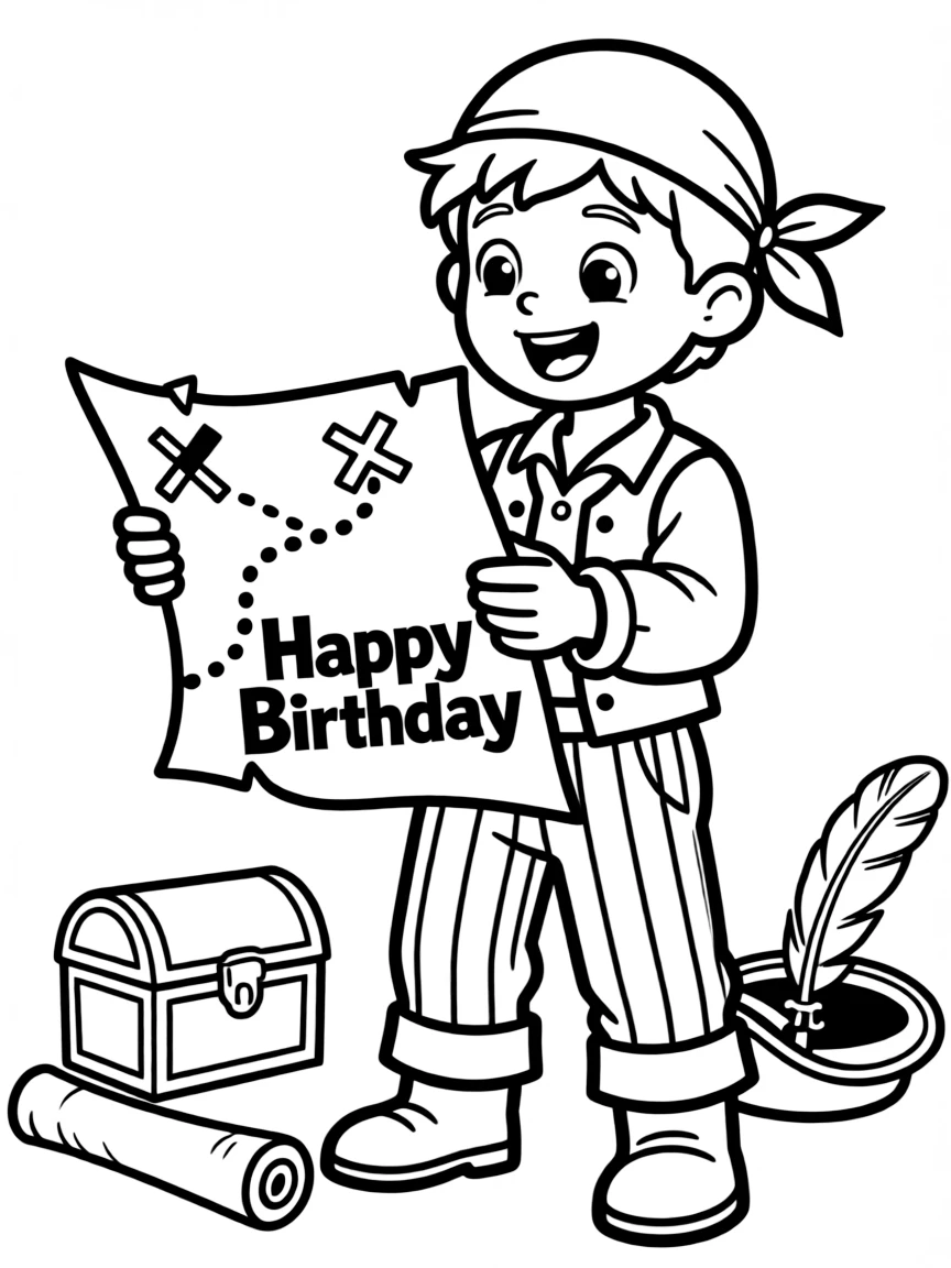 A clever **pirate** finding a birthday treasure map with "Happy Birthday" marked on it.