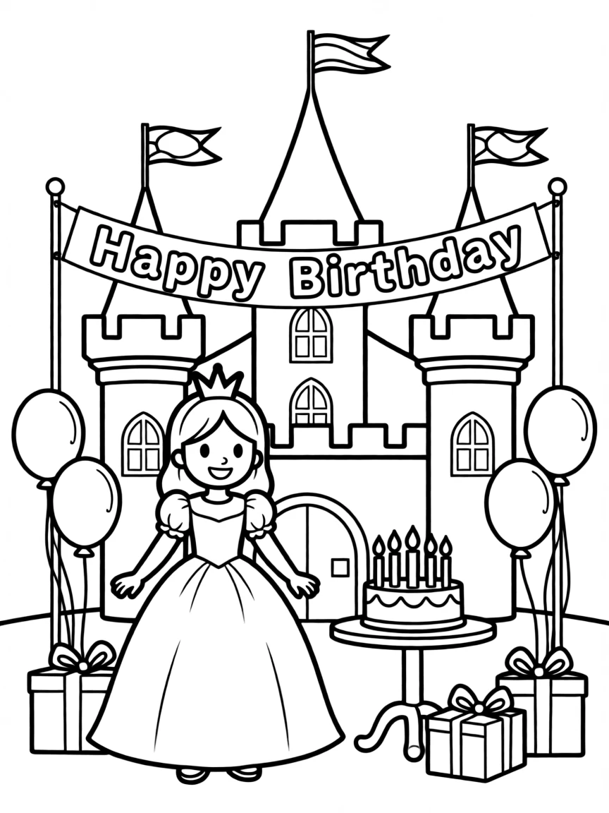 A royal **prince/princess** having a castle birthday party with a "Happy Birthday" banner.