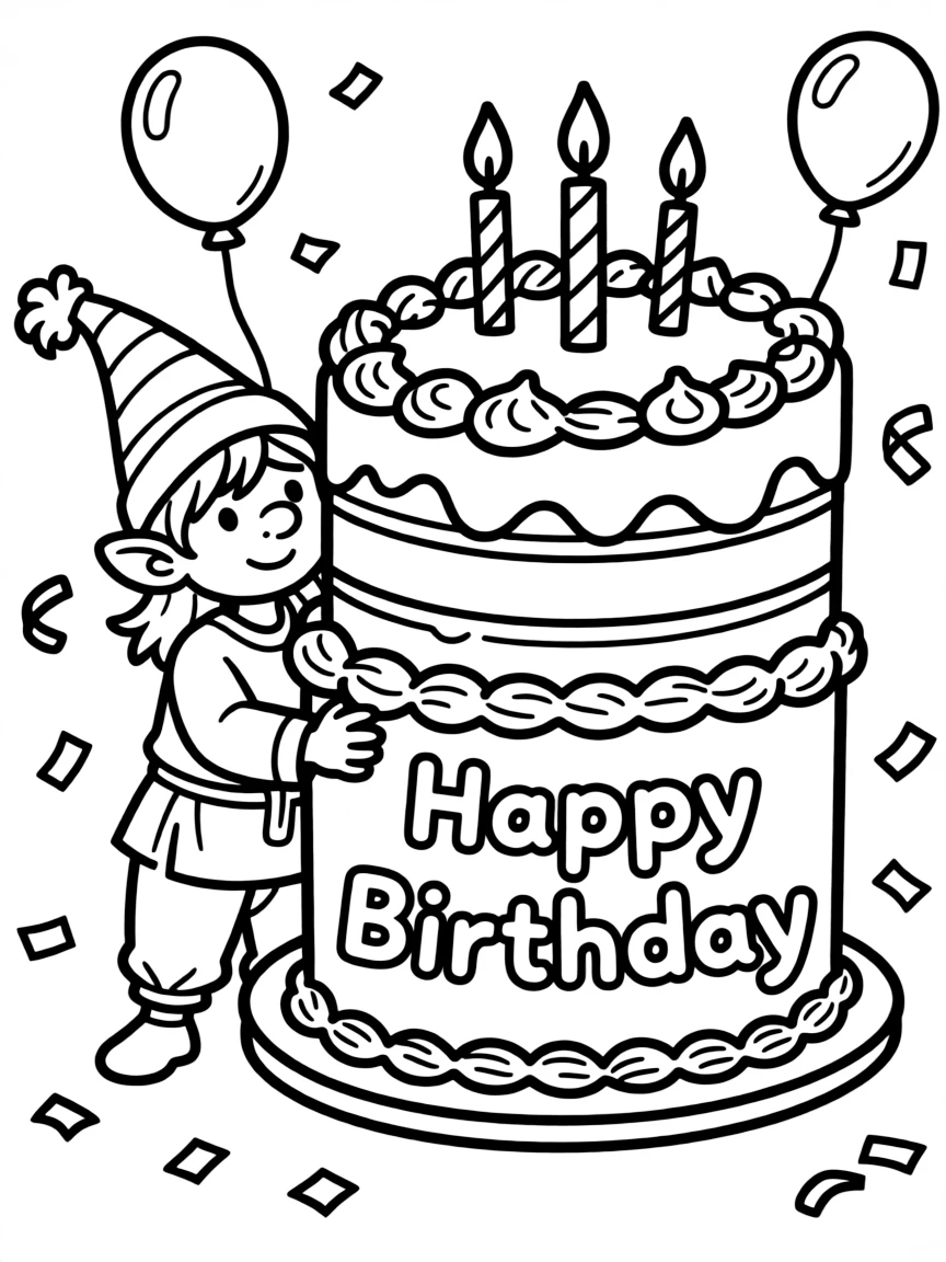 A mischievous **gnome** peeking out from behind a birthday cake that says "Happy Birthday".