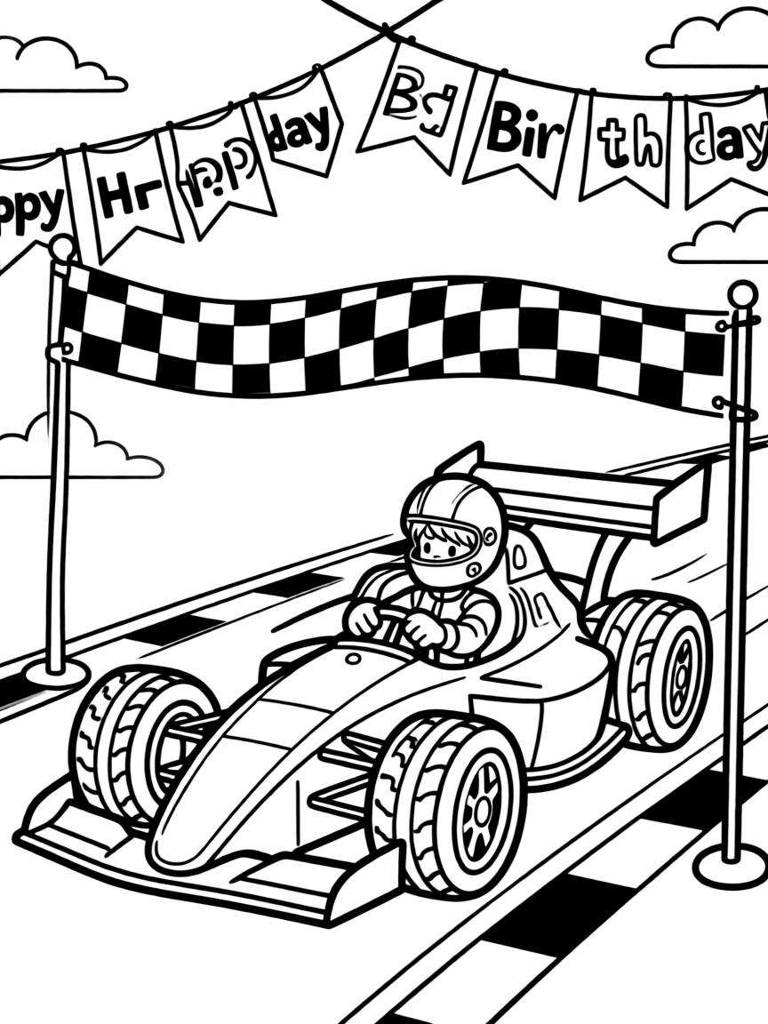 A thrilling **race car** speeding towards a finish line with "Happy Birthday" flags.