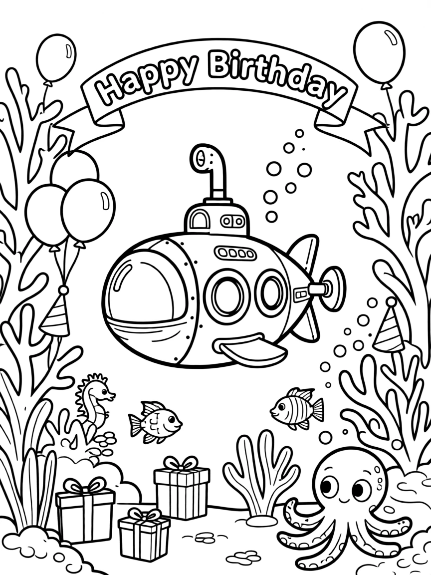 A deep-sea **submarine** exploring a birthday coral reef with "Happy Birthday" messages.