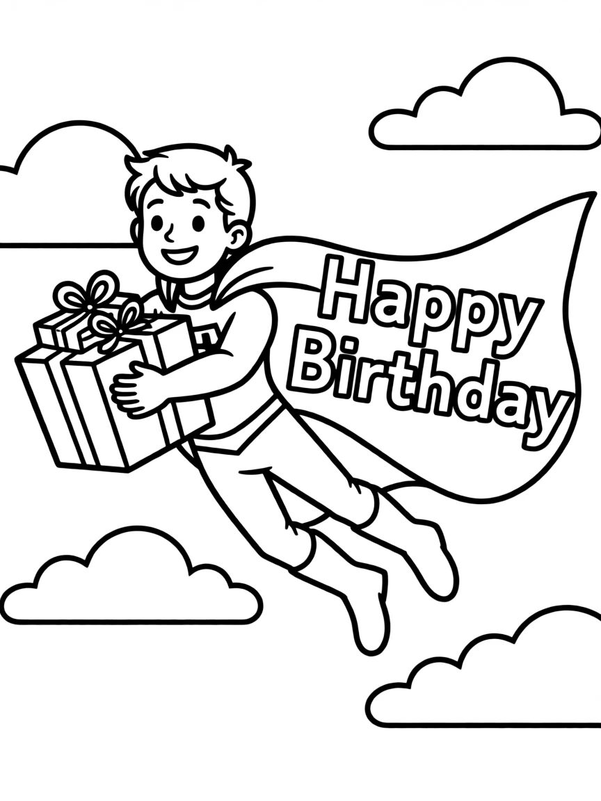 A mighty **superhero** flying with birthday presents and a "Happy Birthday" cape.