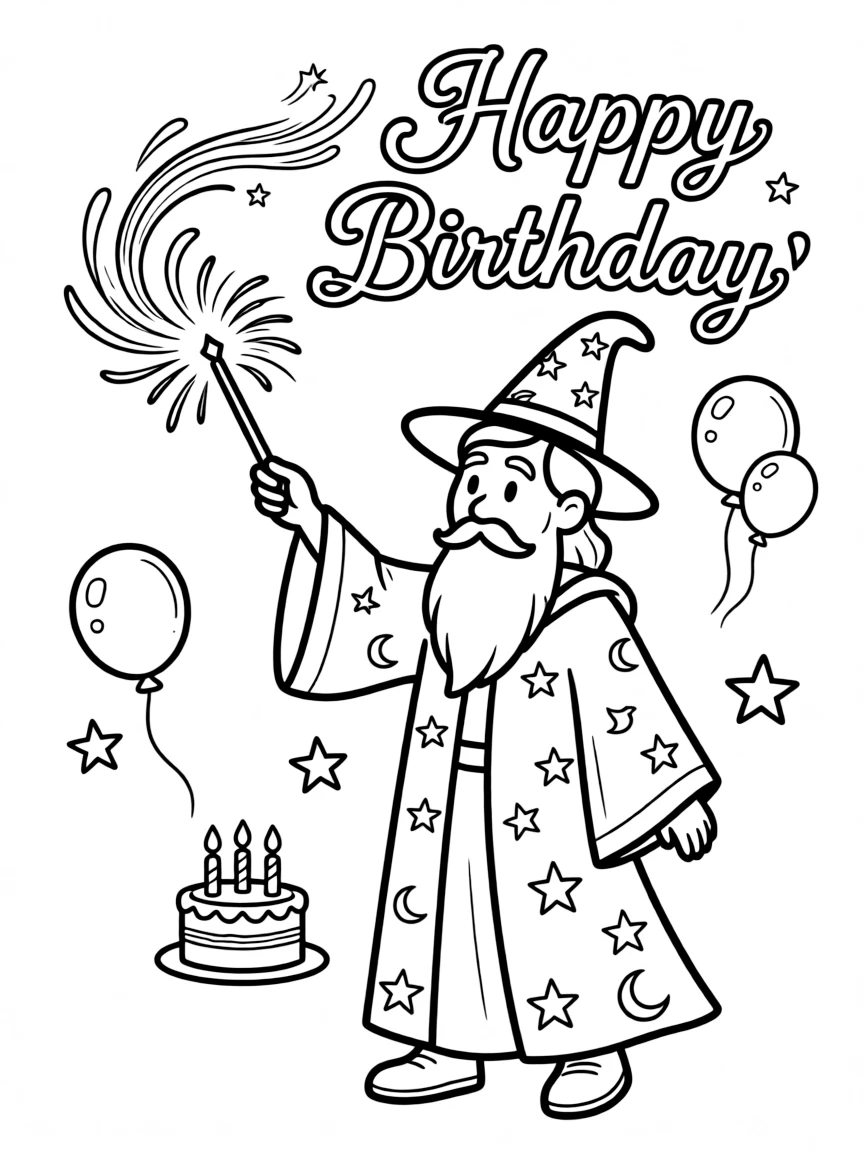A wise **wizard** casting a birthday spell that says "Happy Birthday".