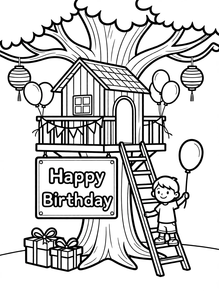 A cozy **treehouse** filled with birthday decorations and a "Happy Birthday" sign.