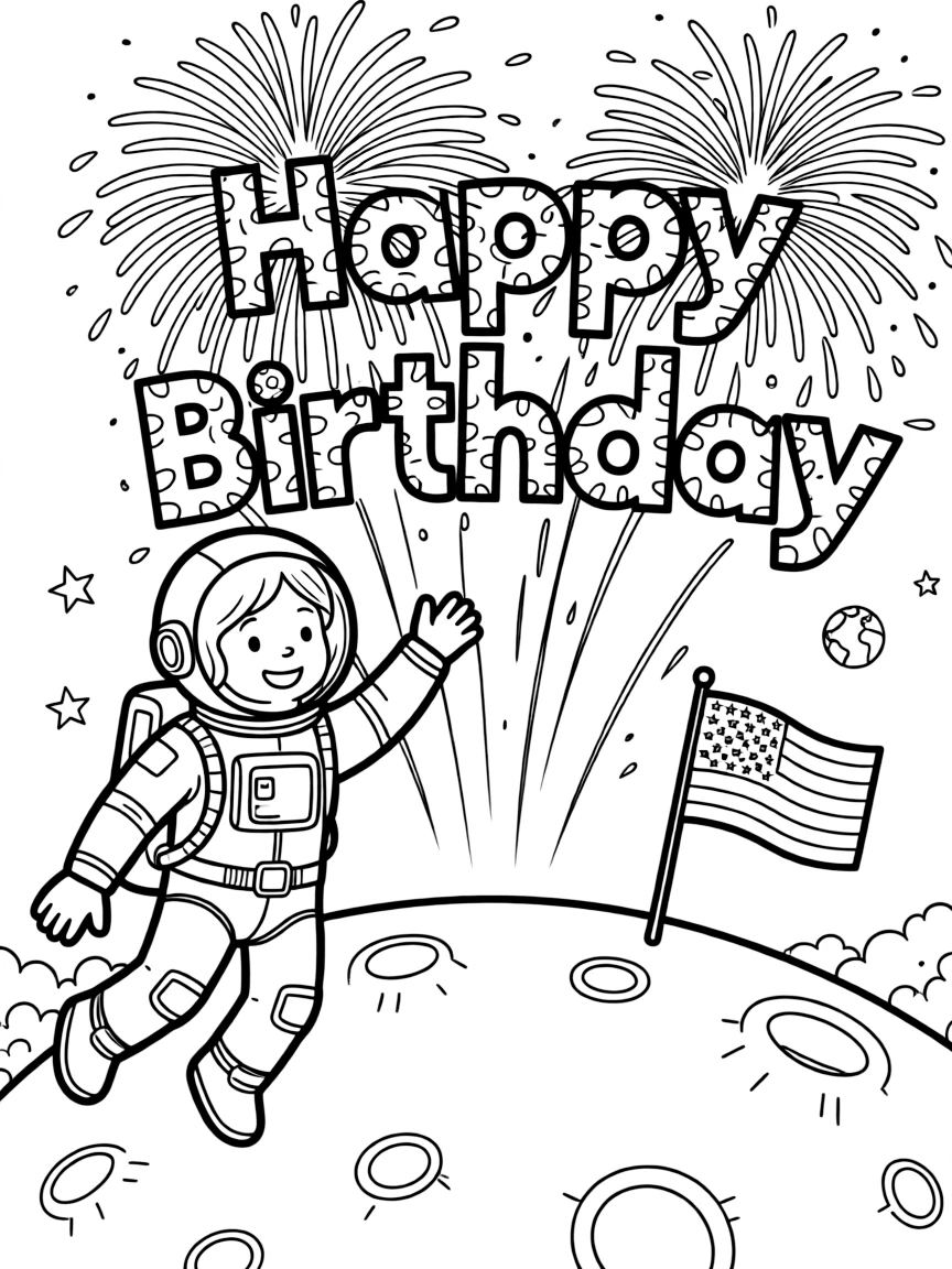 A journey to the **moon** with birthday fireworks that spell "Happy Birthday".